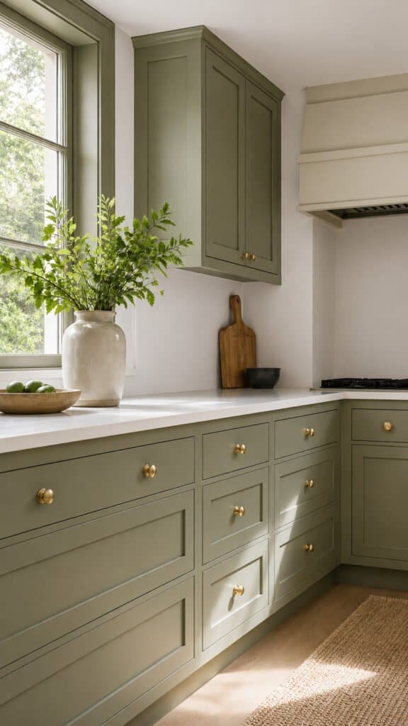 Wasabi green painted kitchen cabinets with brass pulls and white countertops