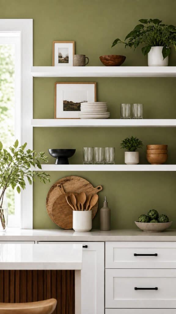 Wasabi green accent wall behind open kitchen shelving with white cabinets