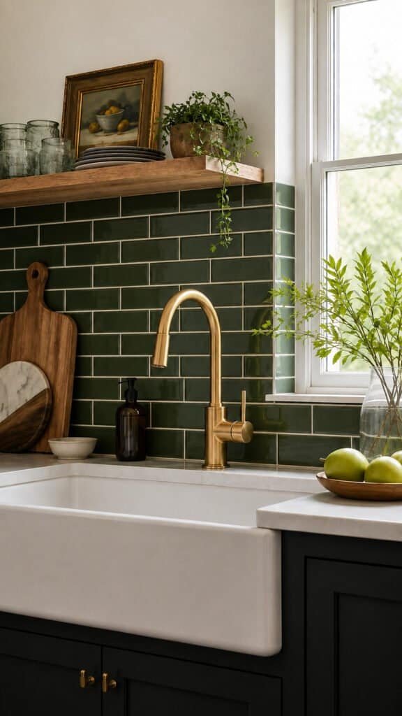 Green subway tile backsplash with white grout and brass faucet