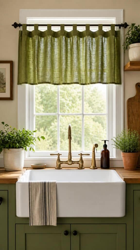 Green cafe curtains on a kitchen window above the sink