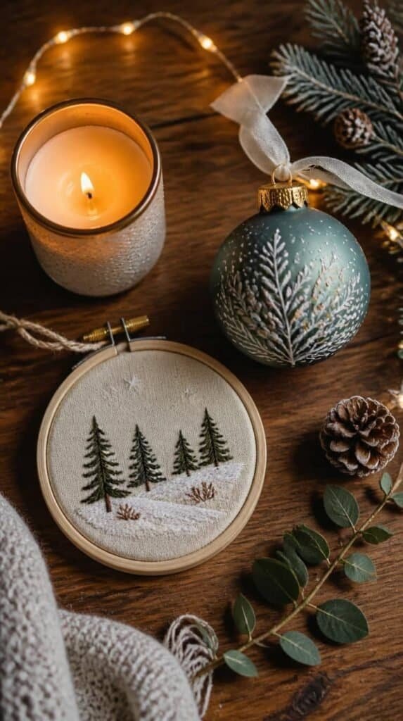 Group of friends enjoying a cozy winter craft night with finished handmade projects on the table