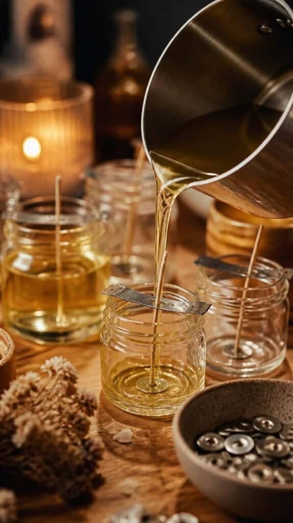 Hands pouring melted wax into glass jars for a DIY candle making night