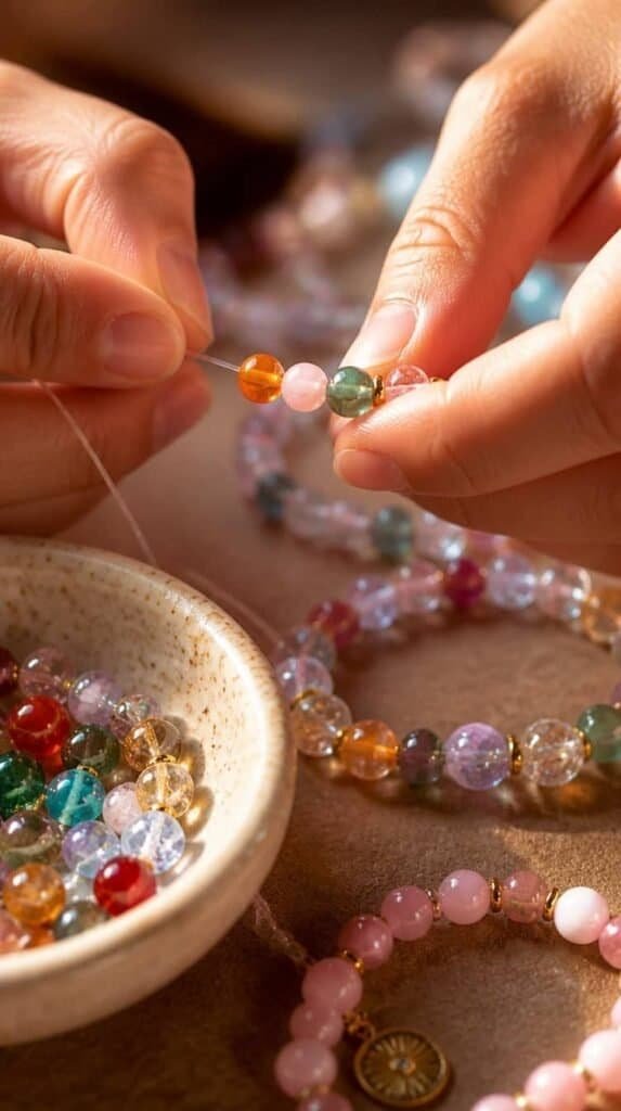 Hands stringing colorful beads onto elastic cord for a winter craft night