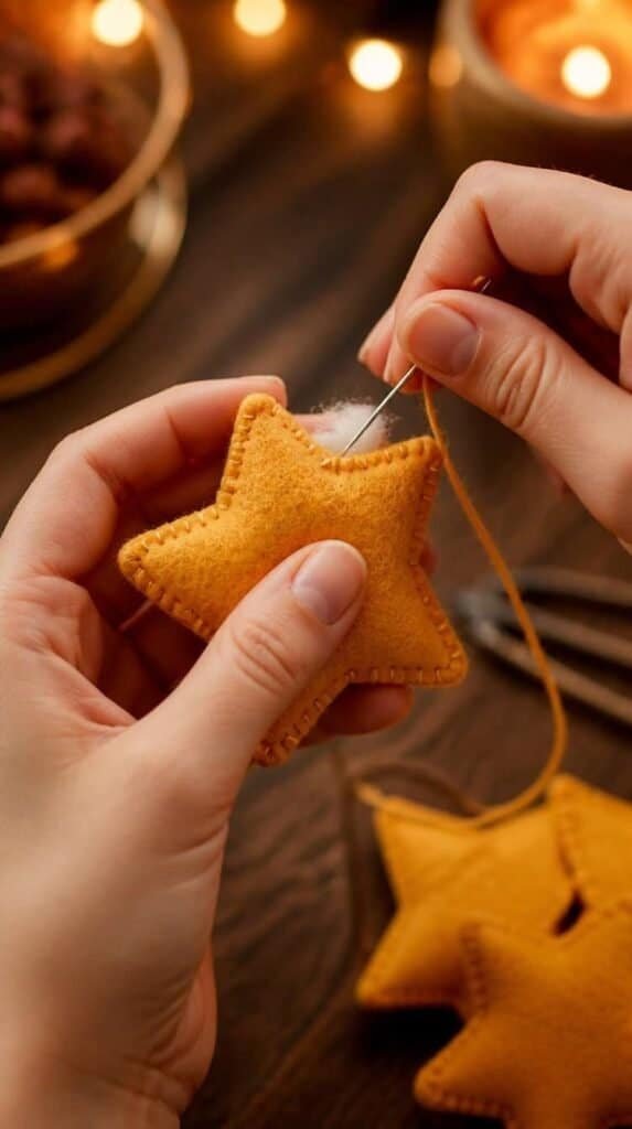 Hands hand sewing a small felt ornament for a winter craft night