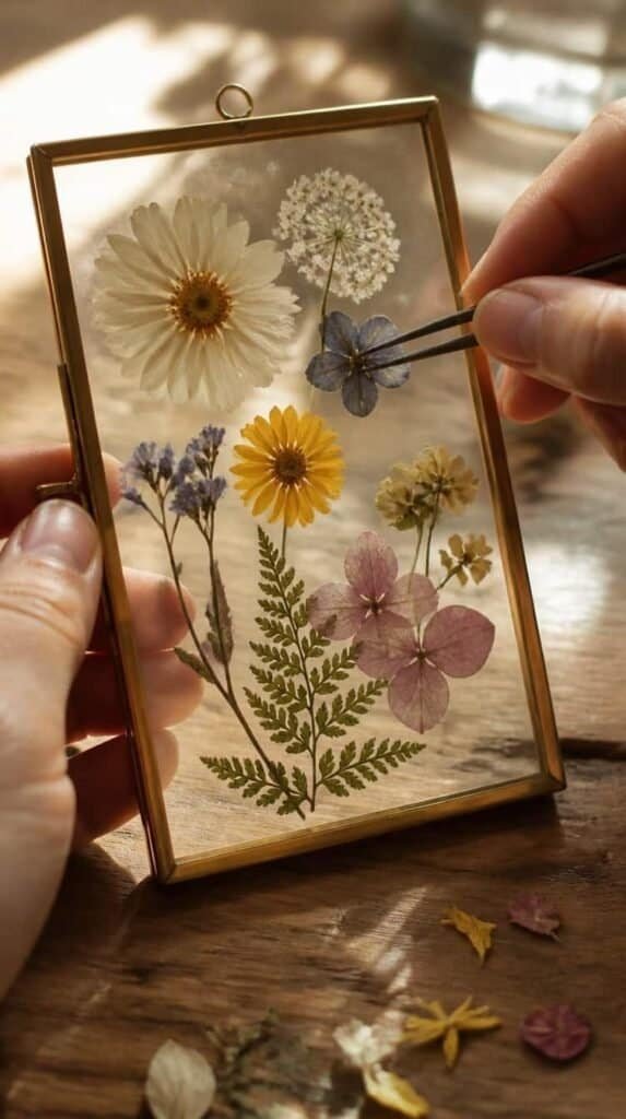 Hands arranging pressed dried flowers into a small frame for a winter craft night