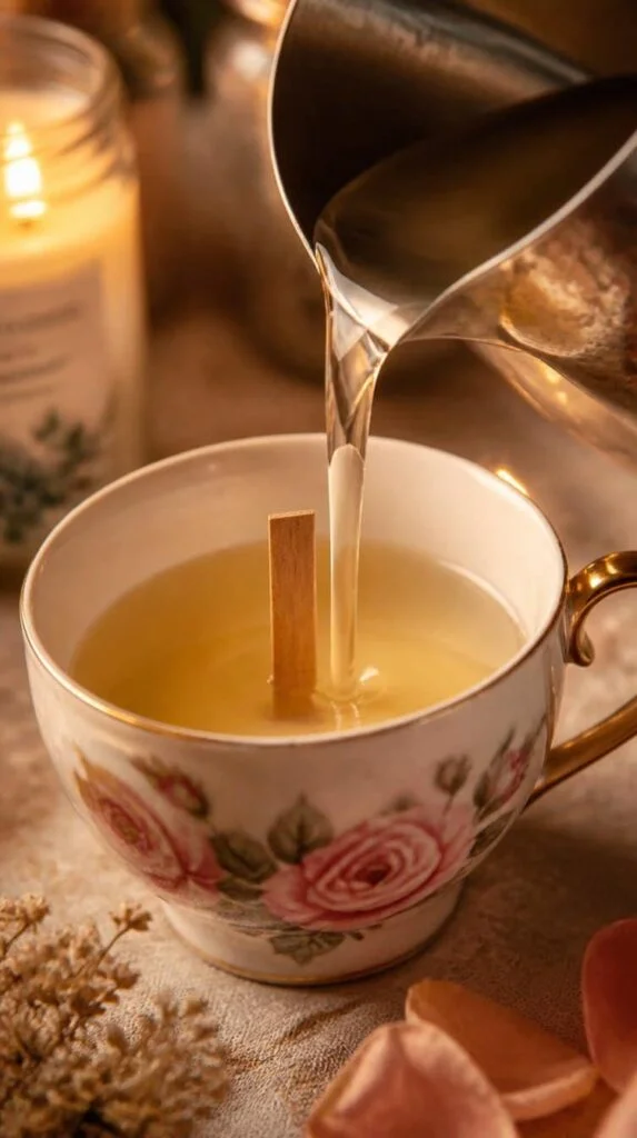 Melted soy wax being poured into a vintage teacup for a winter craft night
