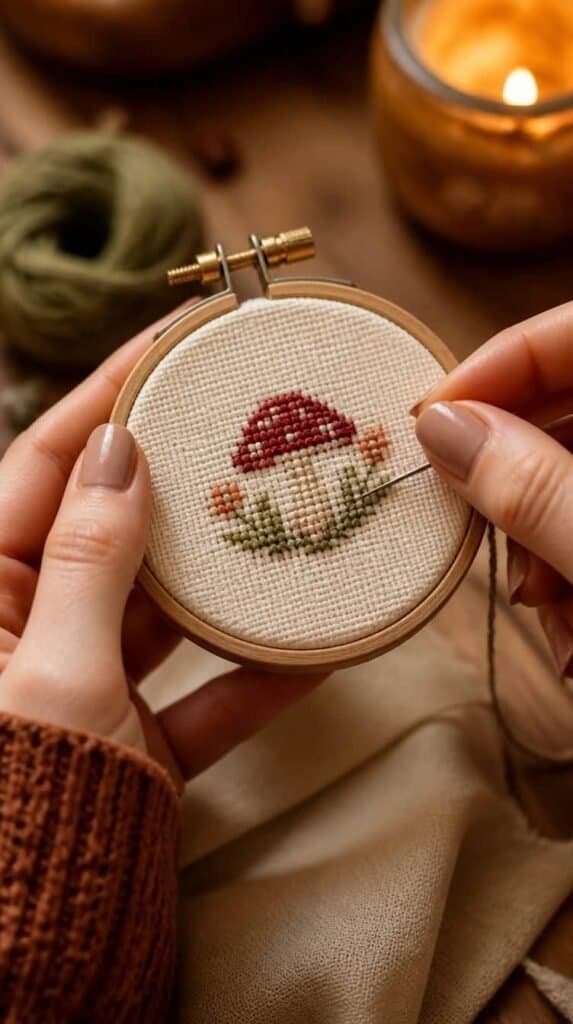 Hands cross stitching a small design in a mini hoop for a winter craft night