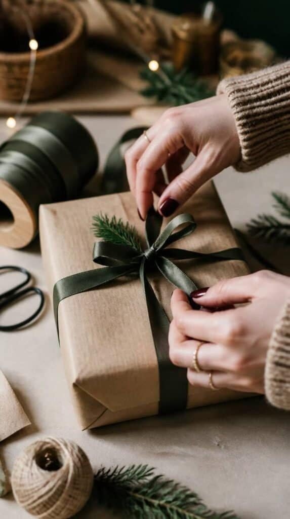 Hands wrapping gifts with kraft paper and ribbon at a winter craft night wrapping station