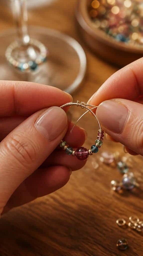 Hands making beaded wine glass charms for a winter craft night