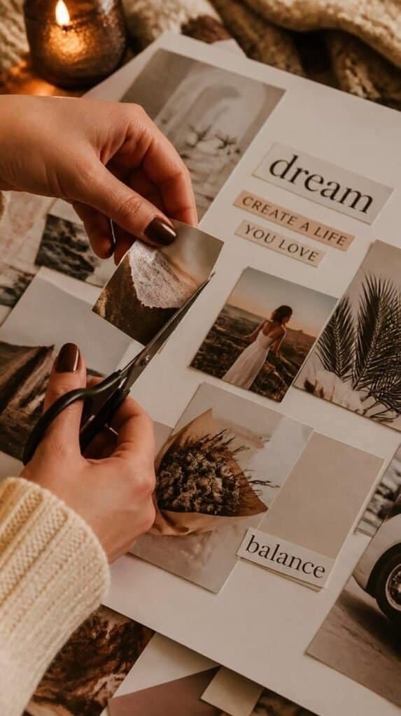 Hands cutting out magazine images for a vision board at a winter craft night