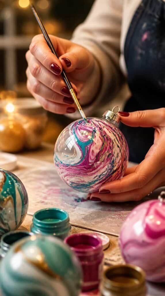 Hands painting glass ornaments with colorful acrylic paint on a winter craft table