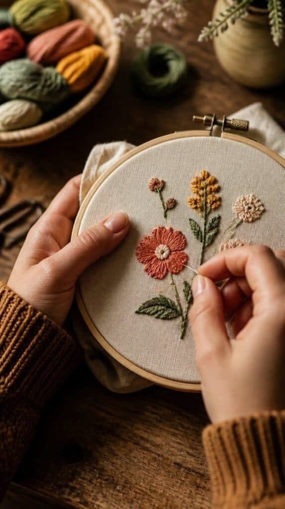 Hands stitching simple embroidery hoop art with colorful thread for a winter craft night