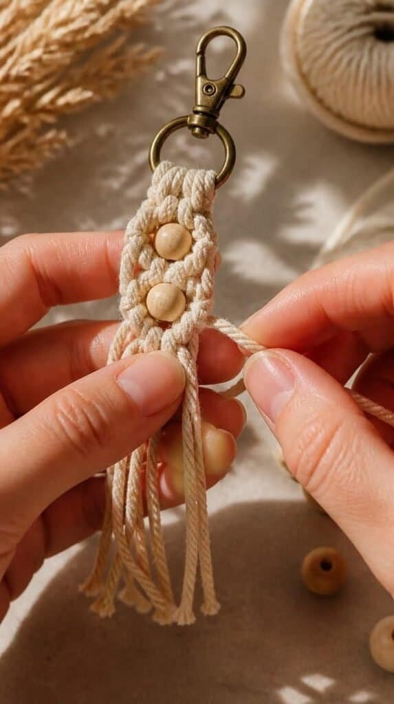 Hands knotting macrame cord into a small keychain for a winter craft night