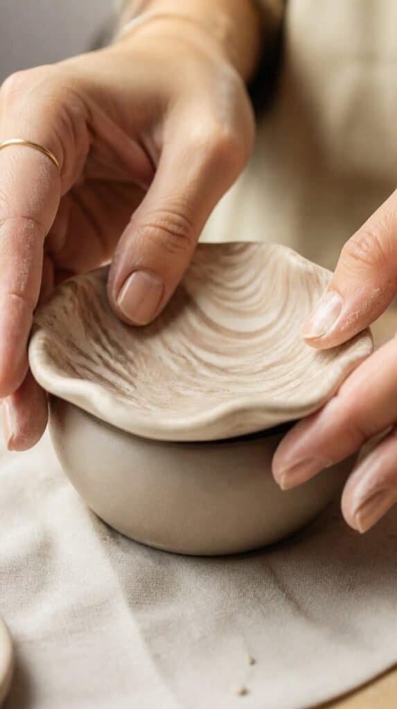 Hands shaping polymer clay into a small trinket dish for a winter craft night