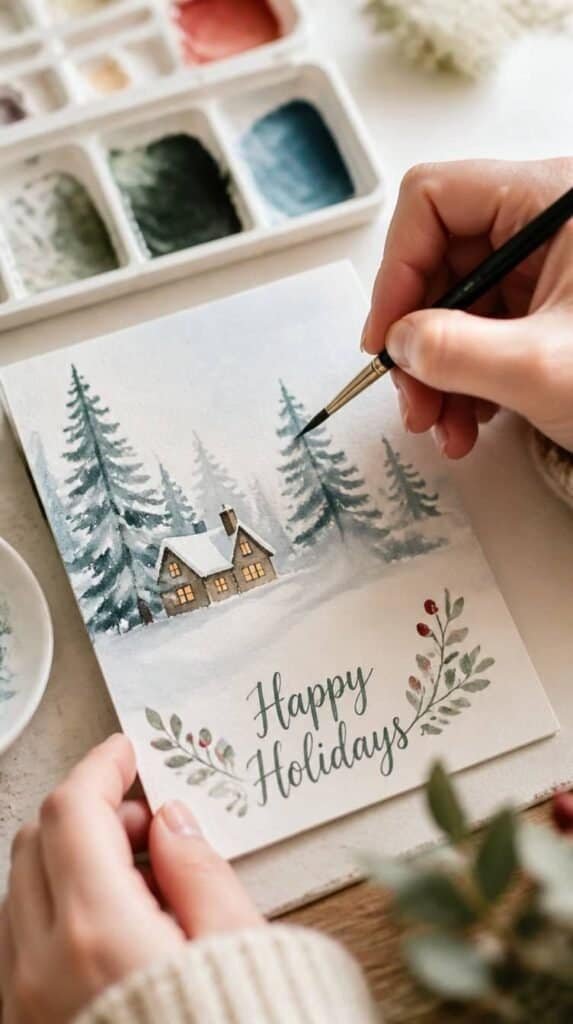 Hands painting a watercolor holiday greeting card at a winter craft night