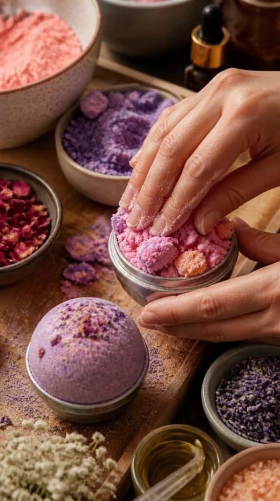 Hands packing colorful DIY bath bomb mixture into a mold for a winter craft night