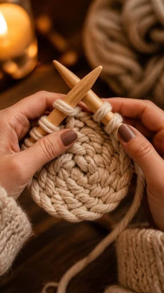 Hands knitting a small chunky yarn coaster for a winter craft night
