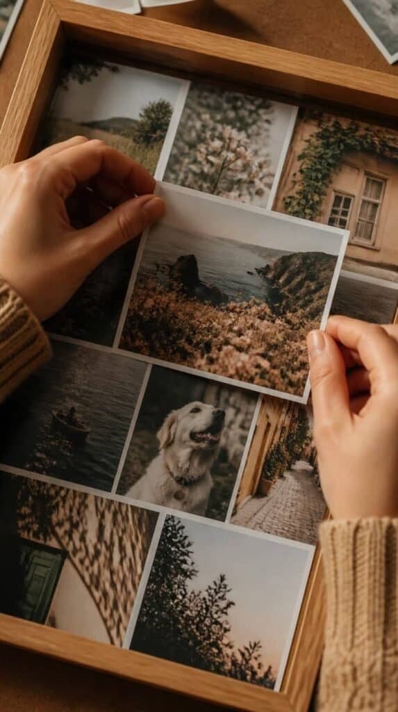 Hands arranging printed photos into a collage frame for a winter craft night