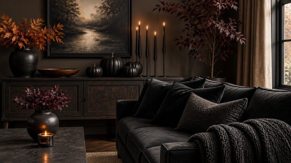 Moody living room styled with black painted pumpkins and charcoal velvet pillows