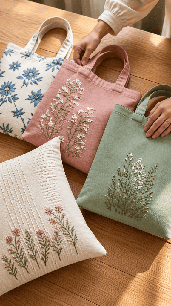 Hands arranging handmade tote bags and a pillow cover on a wood table
