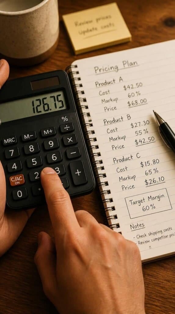 Hands using a calculator next to a notebook filled with pricing notes for a handmade shop
