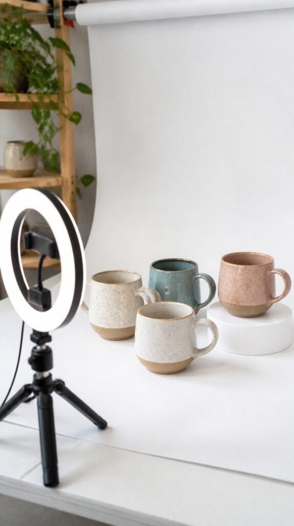 Styled product photography setup with ring light for photographing handmade ceramic mugs