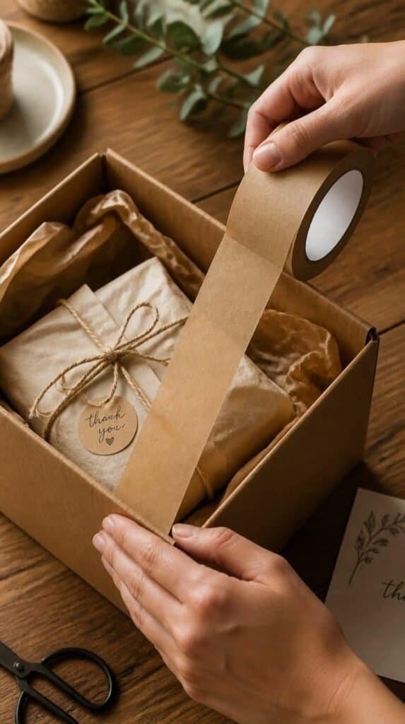 Hands taping a kraft shipping box filled with tissue paper and a wrapped handmade item