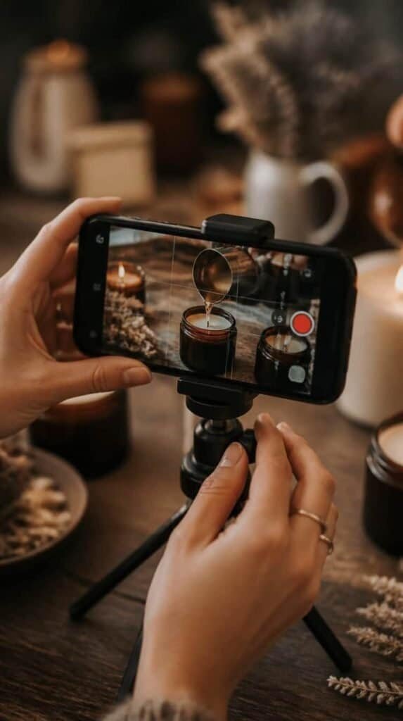 Hands adjusting a phone on a tripod filming a candle being poured for social media marketing