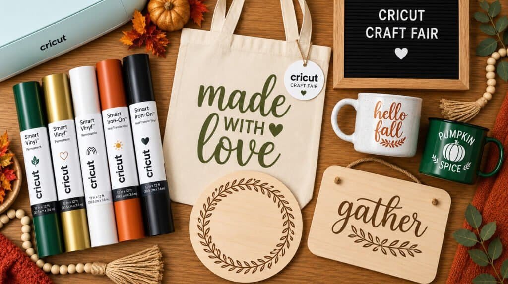 Cricut craft fair supplies including vinyl rolls, tote bag, mugs, and wood sign blanks