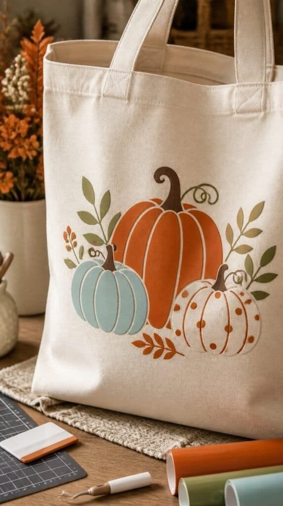 Canvas tote bag with fall pumpkin vinyl design