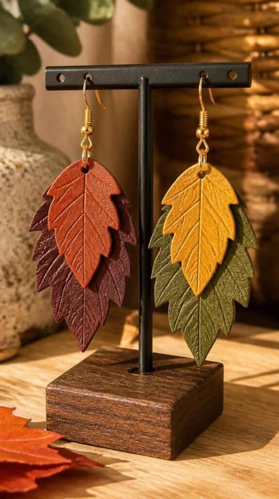 Faux leather earrings in fall colors and leaf shapes