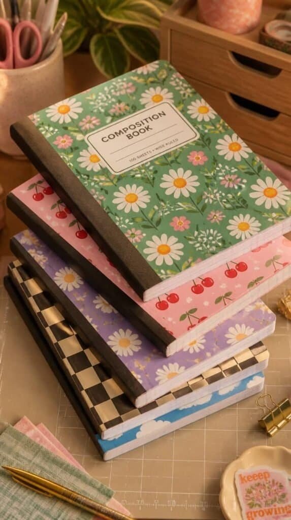 Composition notebooks with cute vinyl cover designs
