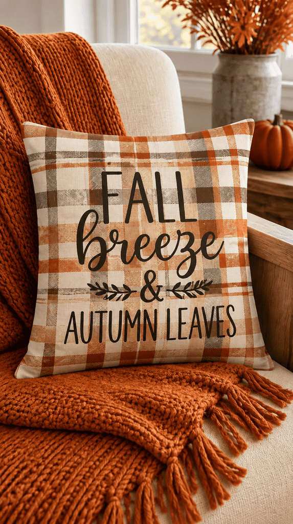 Fall plaid canvas pillow cover with vinyl design