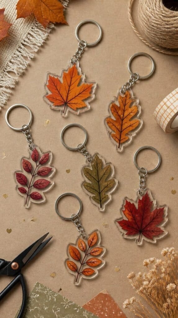 Clear acrylic keychains with fall leaf designs - Cricut Fall Projects