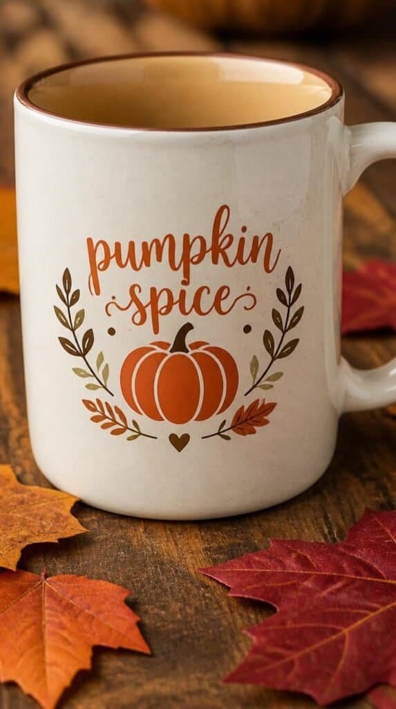 Ceramic mug with pumpkin spice vinyl decal design