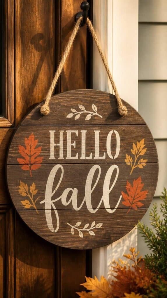 Round wood door hanger sign with a painted fall phrase