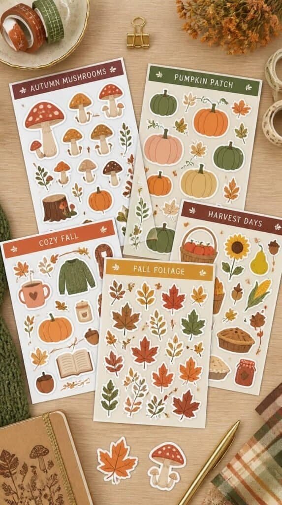 Fall themed vinyl sticker sheets including mushrooms and pumpkins