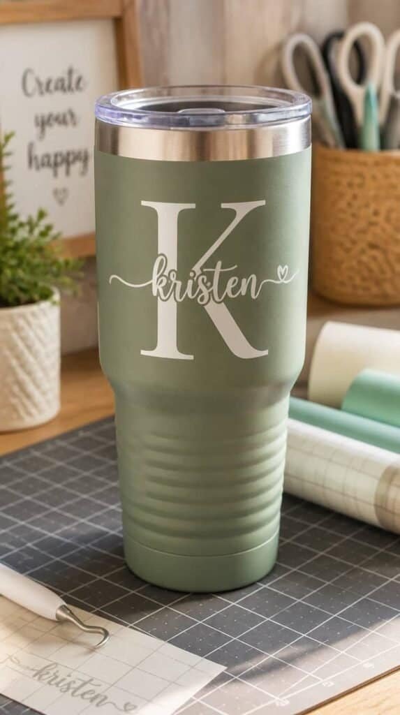 Insulated tumbler with a personalized vinyl name design