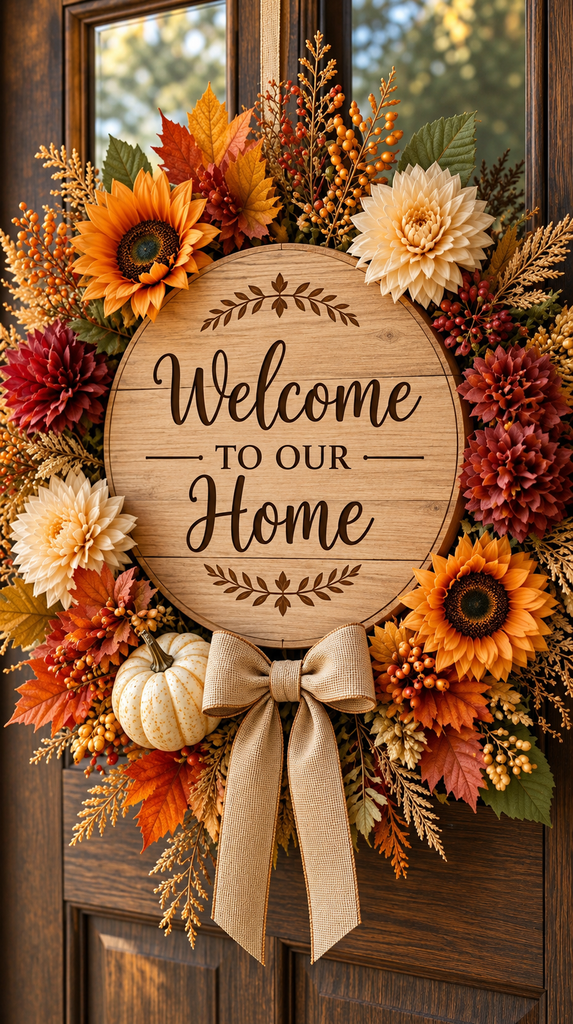 Fall wreath sign with a round wood plaque and silk florals