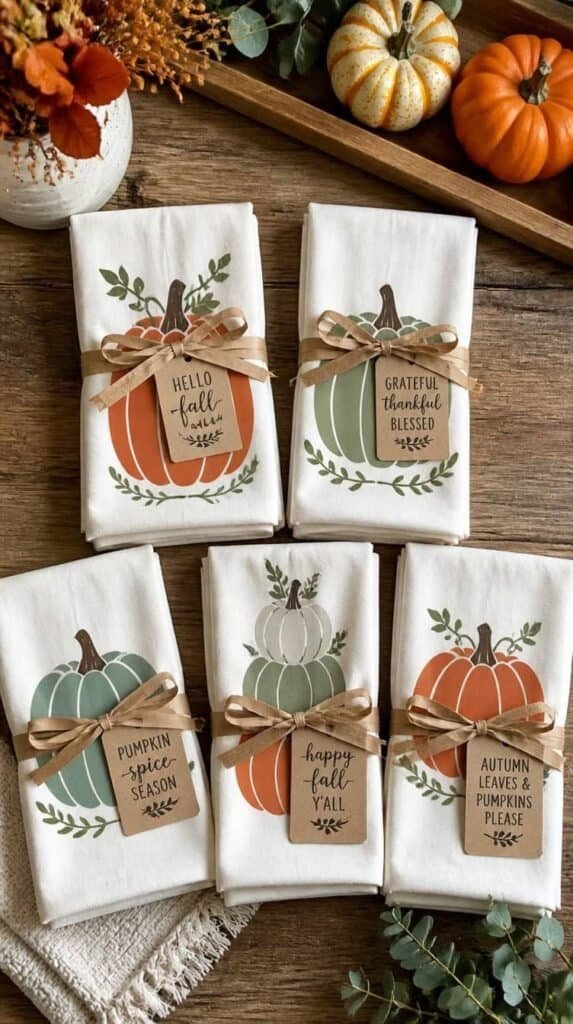 Folded flour sack kitchen towels with fall pumpkin vinyl designs