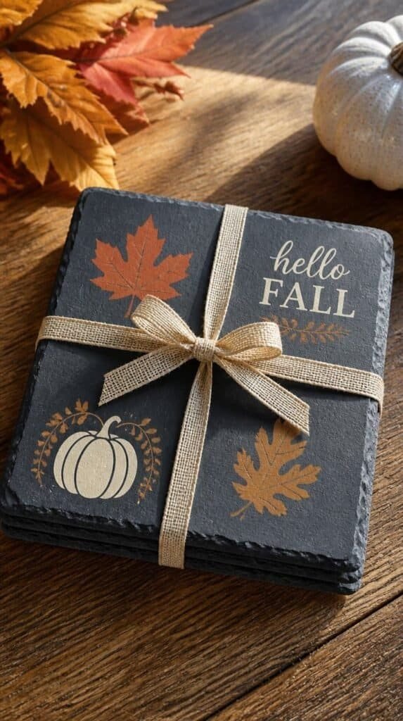 Set of four slate coasters with fall vinyl designs