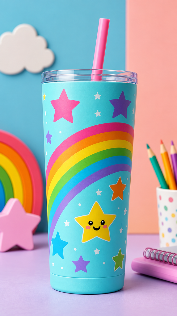 Colorful kids tumbler with playful cartoon style vinyl design