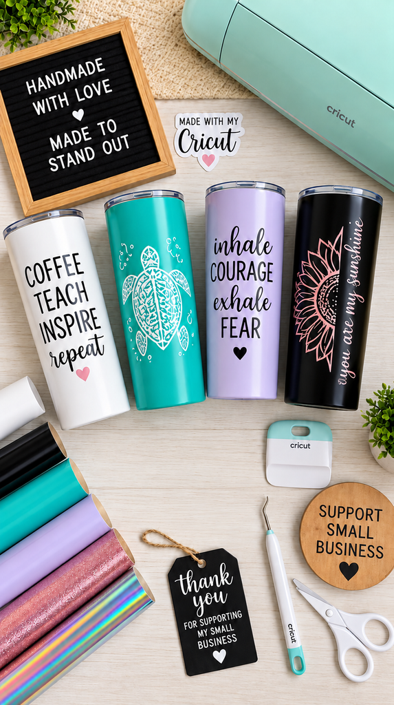 Finished flat lay of Cricut tumbler projects ready for a craft fair booth