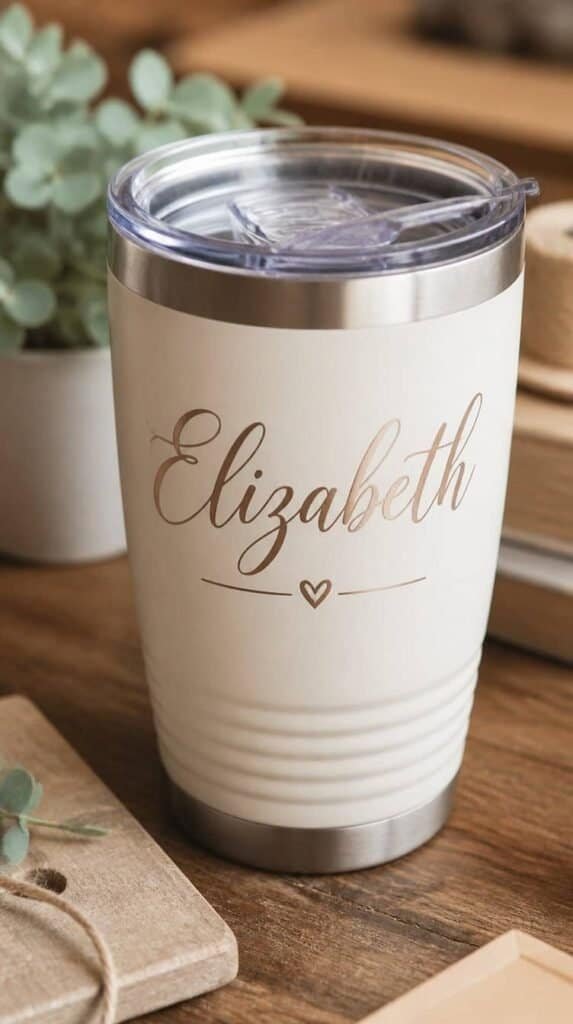 Personalized name tumbler with custom vinyl lettering on a craft table