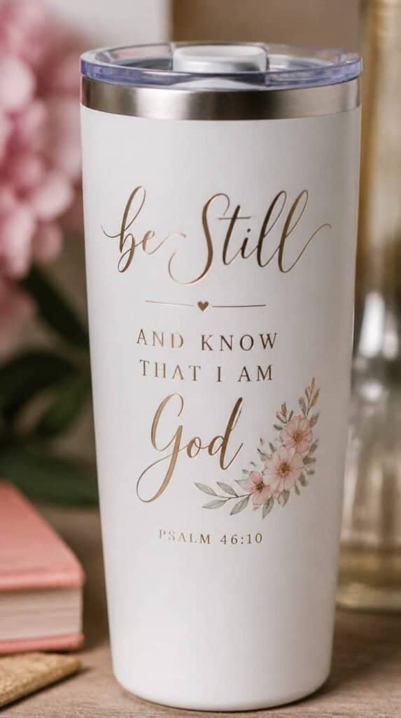 Faith based scripture verse tumbler with elegant script vinyl lettering - Cricut tumbler projects