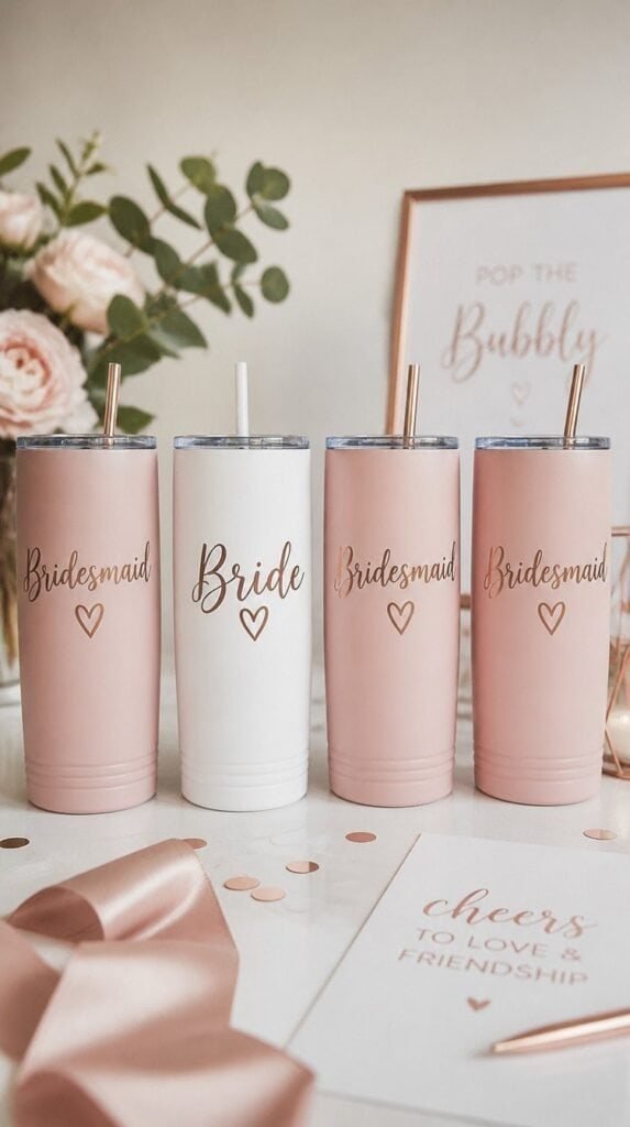 Set of matching bachelorette party tumblers with bride and bridesmaid vinyl designs