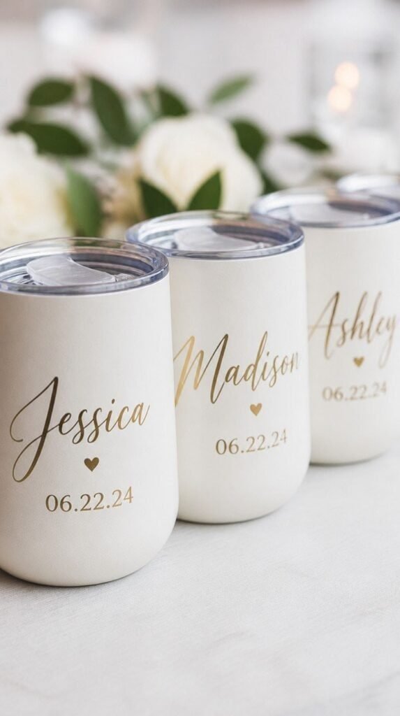 Mini wedding favor tumblers with date and names in elegant vinyl script