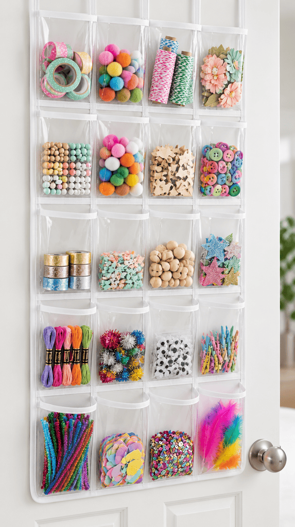 Clear over the door pocket organizer filled with small craft supplies on a closet door