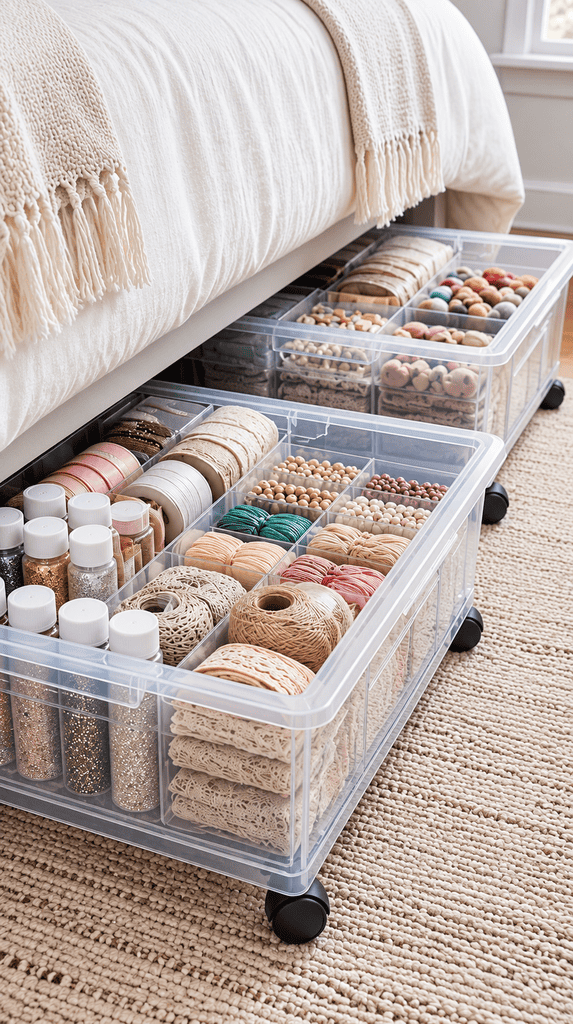 Clear under bed storage boxes on wheels filled with craft supplies pulled out from under a bed