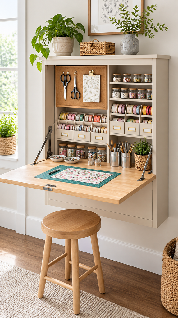 Fold down wall desk open to reveal a hidden craft workspace with supplies arranged inside